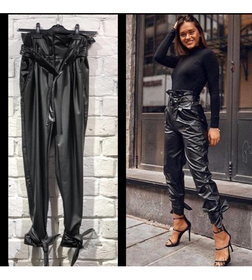 Zara Deri Kumaş Bol Paça Kadın Pantolon Pudra